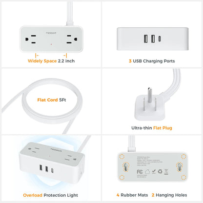 Ultra Thin Power Strip: 3 USB, 4 AC for Travel & Office