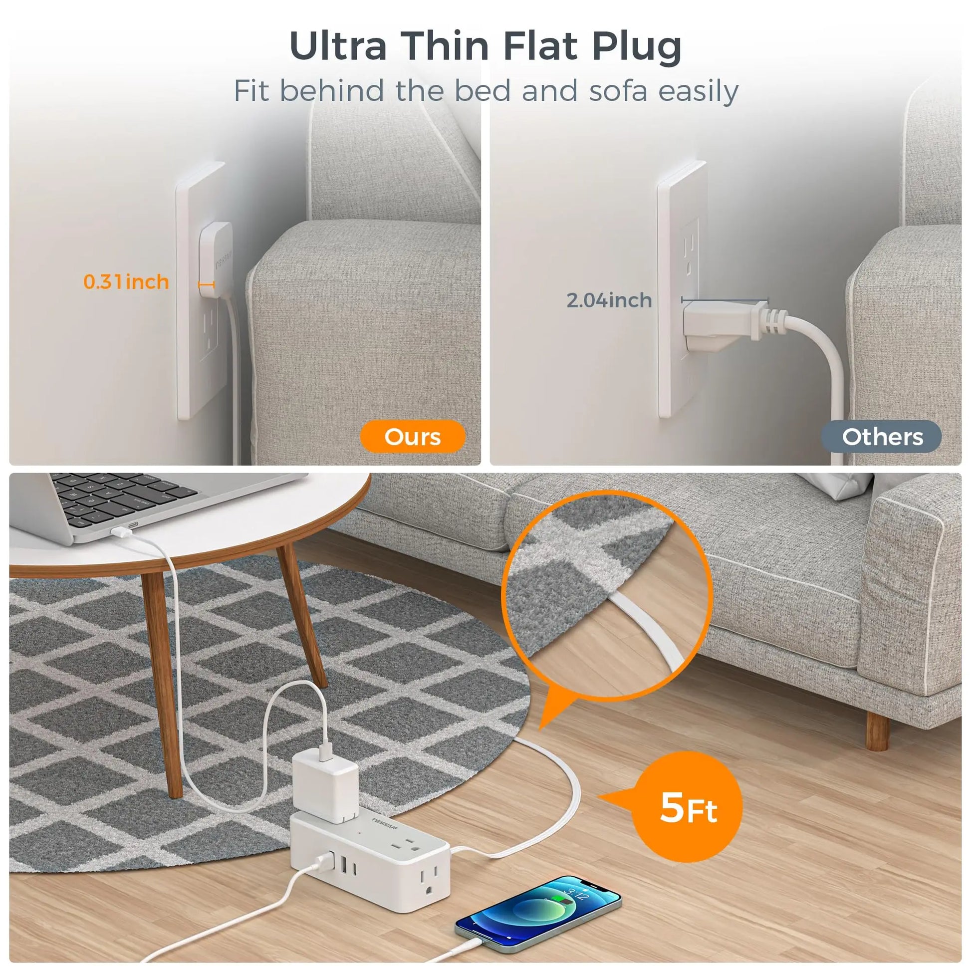 Ultra Thin Power Strip: 3 USB, 4 AC for Travel & Office