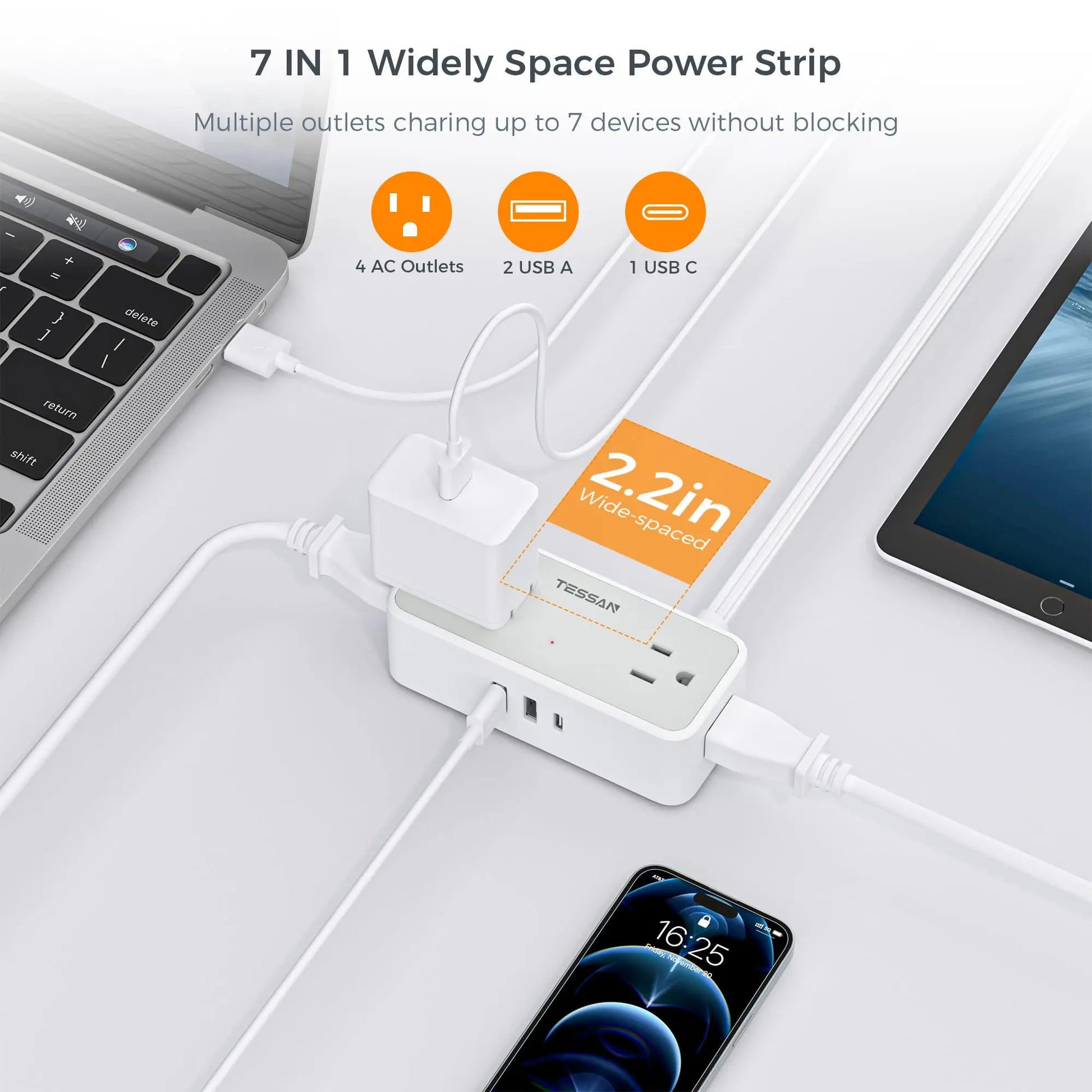 Ultra Thin Power Strip: 3 USB, 4 AC for Travel & Office